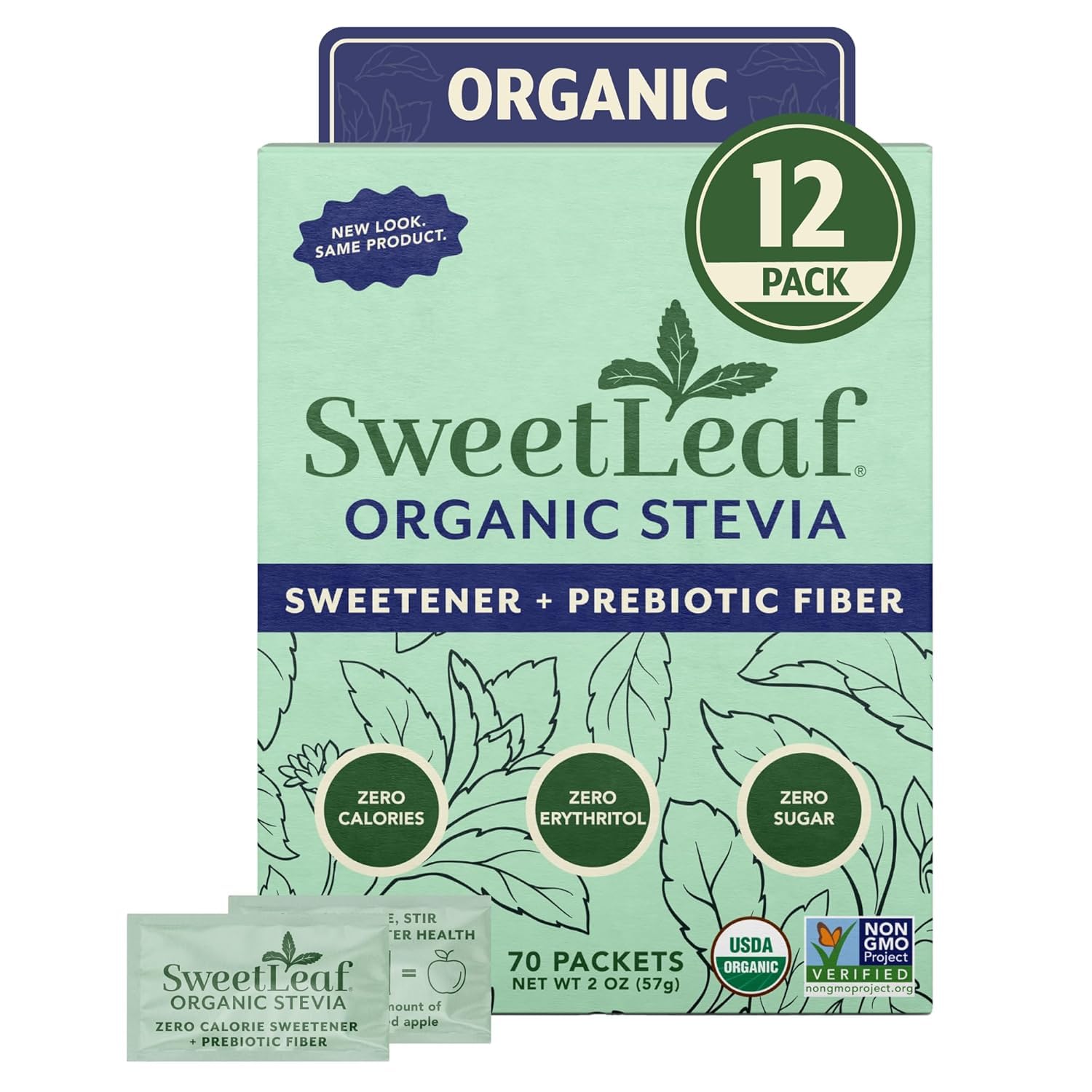 SweetLeaf Organic Stevia Powder Sweetener, Sugar Free - 70 Packets (2 Pack) | Zero Calorie Sweetener No Erythritol, Stevia Leaf Extract, Natural Sugar Substitute for Coffee & Baking, Prebiotic Fiber