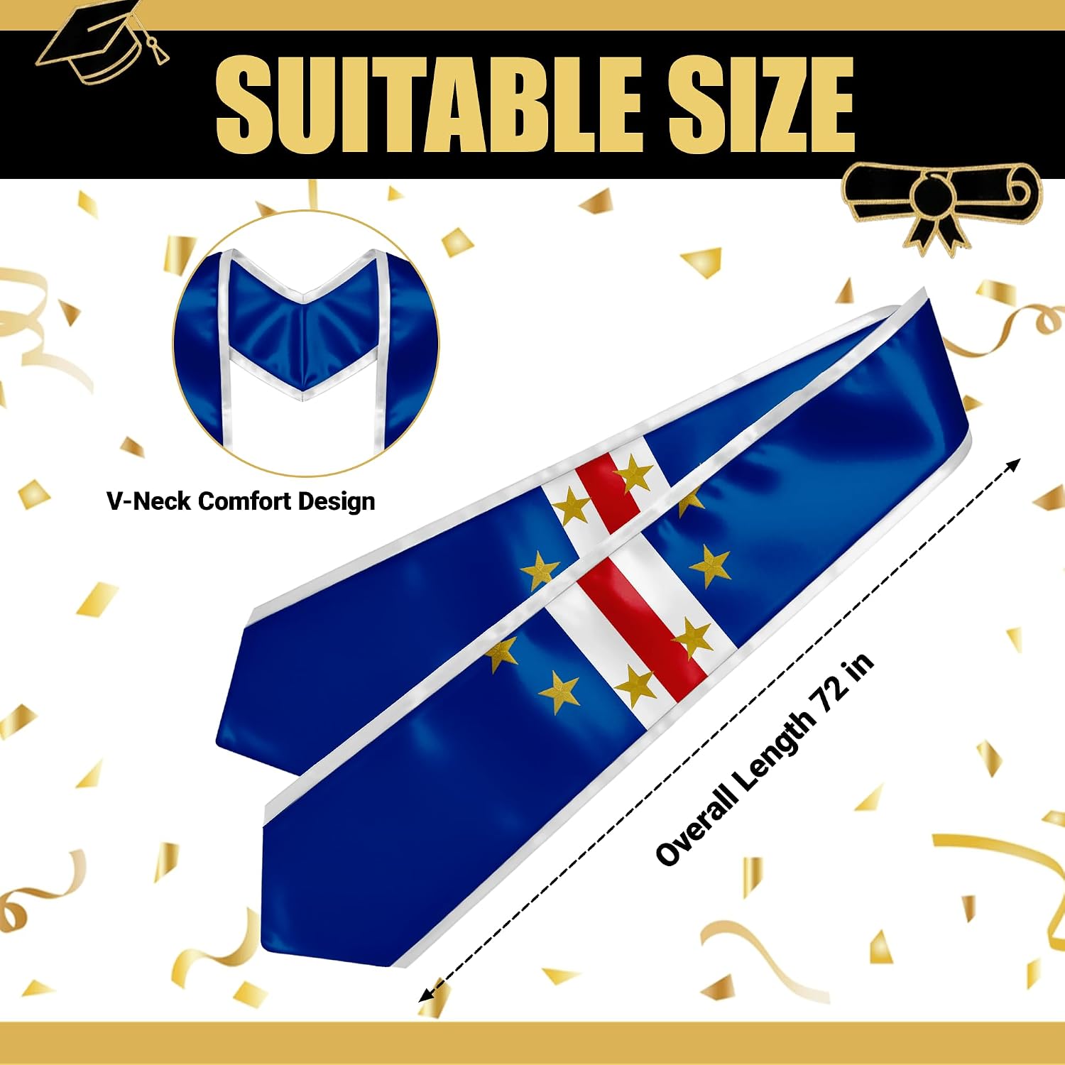YOXEULL National Flag Embroidered Graduation Stole with Trim, Graduation Sash Graduates Gift, 72"