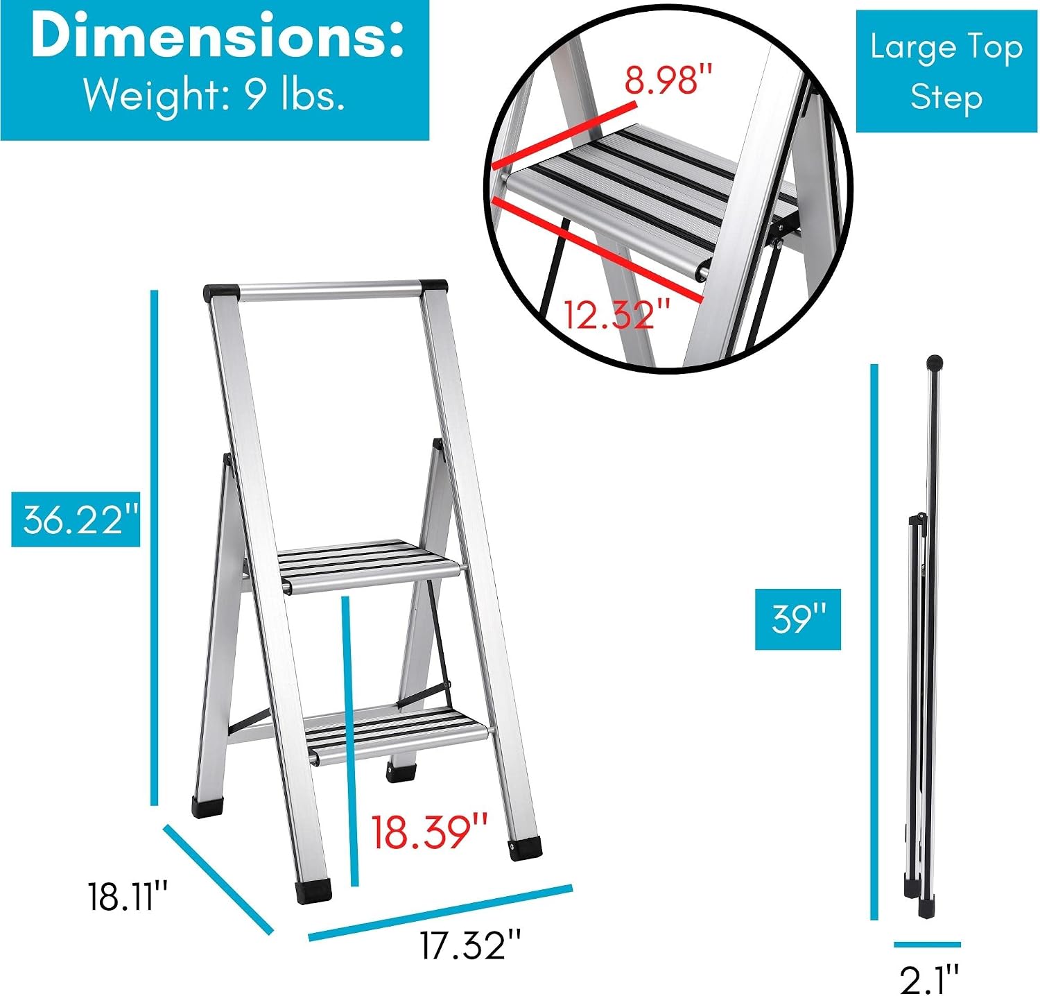 BIRDROCK HOME 2 Step Ladder | Folding Anti-Slip Step Stool, 250 lb Capacity | Lightweight, Slim & Sturdy Design for Household, Kitchen, Garage
