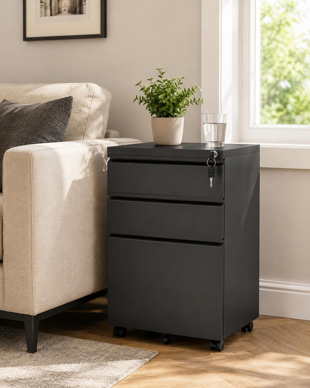 3 Drawer Mobile File Cabinet with Lock, Under Desk Metal Filing Cabinet for Letter/Legal/A4 Size, Fully Assembled Except Casters, Rolling Office Organizer for Home Office, Black