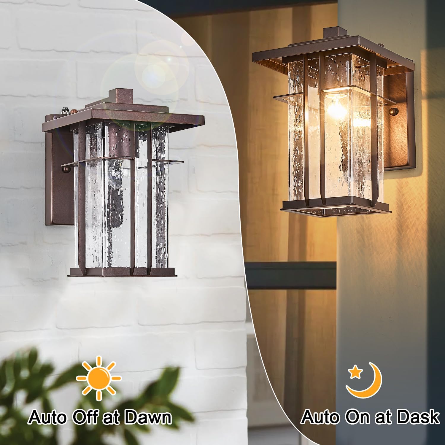 Rustic Dusk to Dawn Outdoor Wall Light Fixture 13.8"H Waterproof Exterior Wall Sconces Black Metal with Seeded Glass Sensor Outdoor Wall Lantern for