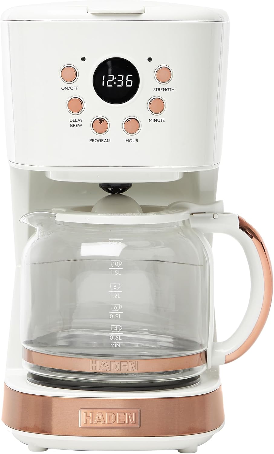 HADEN 12-Cup Programmable Coffee Maker for Home or Office, Putty & Chrome – Drip Brewer Machine with Brew Strength, Delay Brewing