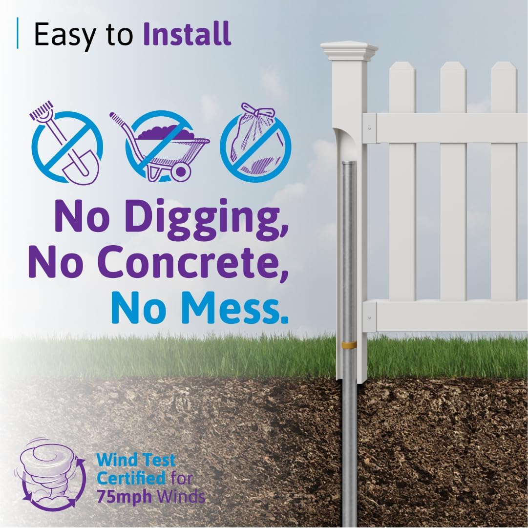 WamBam Newport Picket Fence, White Vinyl DIY No Dig Kit | 3ftH x 6ftW, 1 Panel + 1 Post, ZP19002