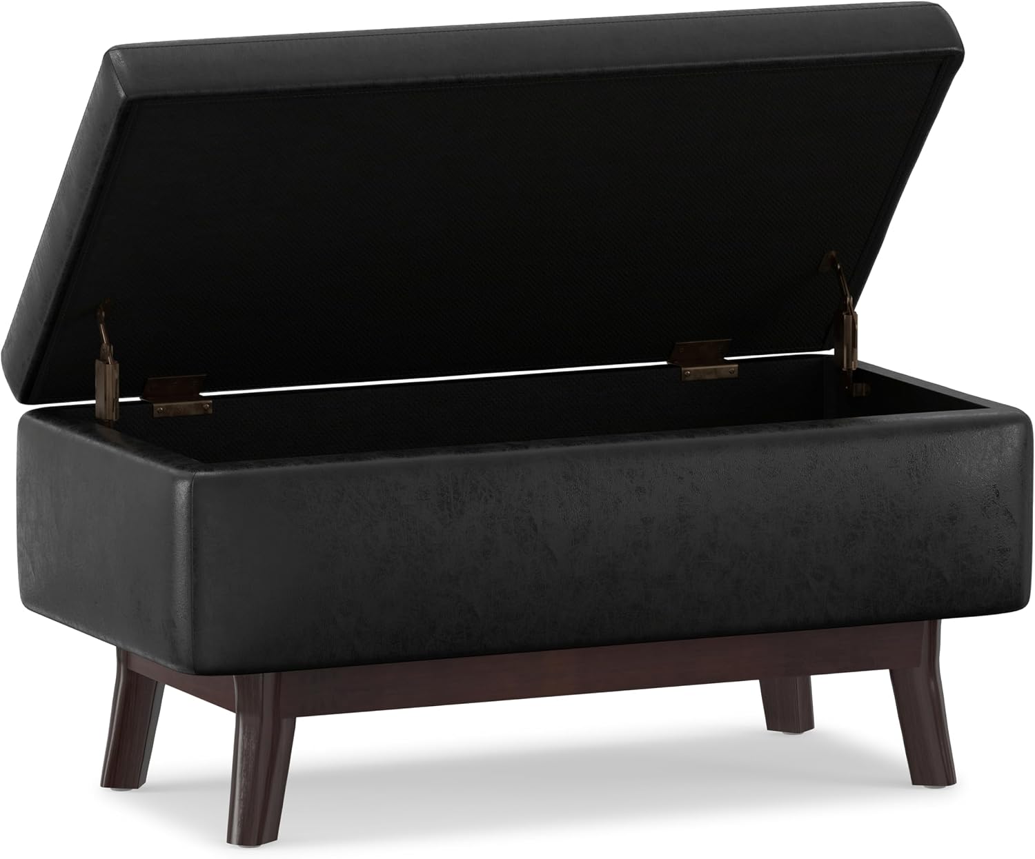 SIMPLIHOME Owen 34" Wide Vegan Leather Lift Top Ottoman in Dark Blue