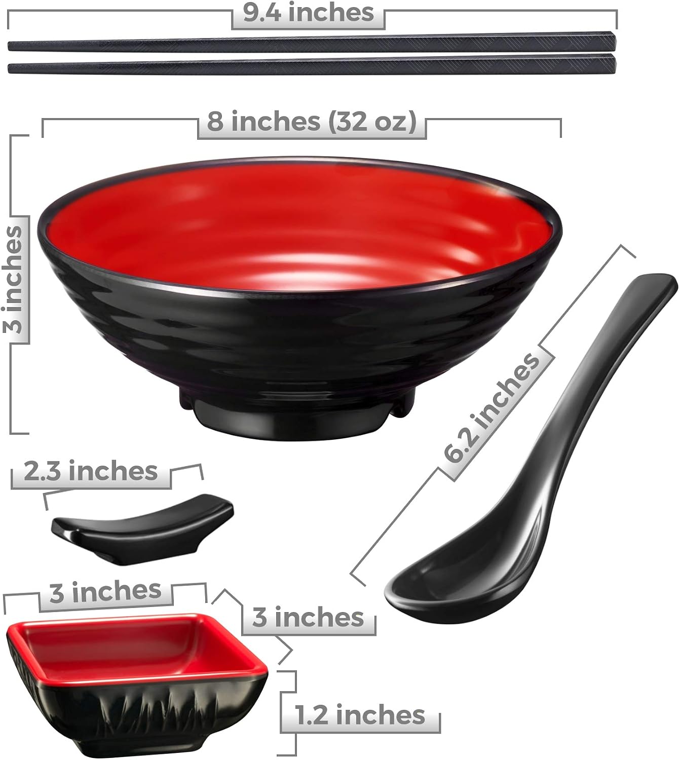 Unbreakable Ramen Bowl Set with Chopsticks and Spoon: 2 large Japanese Style Melamine Ramen Bowls