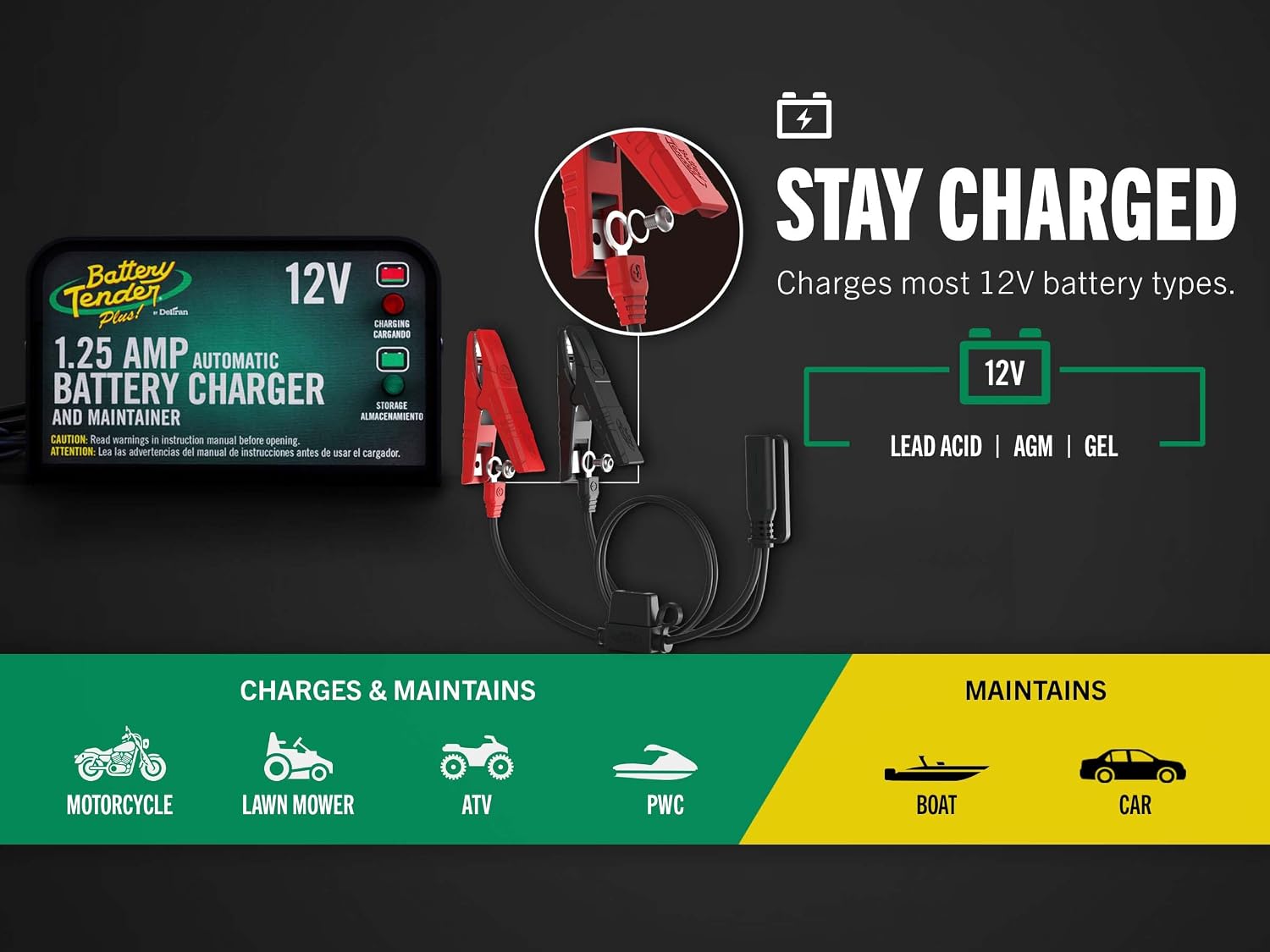 Battery Tender Plus 12V 1.25 AMP Car & Motorcycle Battery Charger and Maintainer, Float Charge for Automotive
