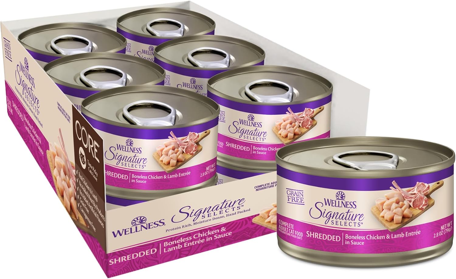 Wellness CORE Signature Selects Shredded Adult Canned Wet Cat Food, Natural, Protein Rich, Grain Free, Chicken Entrée Recipe, 2.8 oz, Pack of 12 Cans