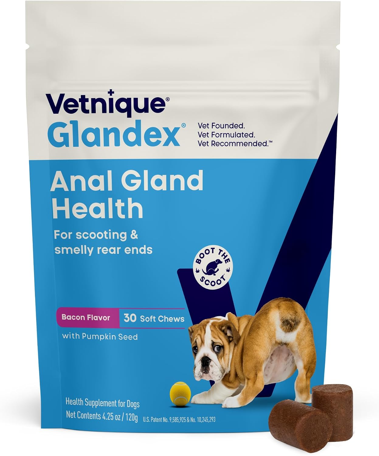 Vetnique Glandex for Dogs Anal Gland Chews 30ct, Pumpkin, Digestive Enzymes | Anal Gland Dog Treats, Boot the Scoot + Fishy Odor Support, Fiber, Probiotics, Quercetin + Apple Pectin, Peanut Butter