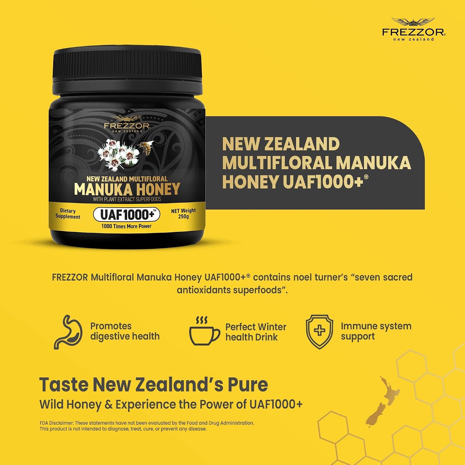 FREZZOR Premium New Zealand Raw Multifloral Manuka Honey with UAF1000+ Super Antioxidant, 230% More Bioactive, Best Support for Everyday Wellness