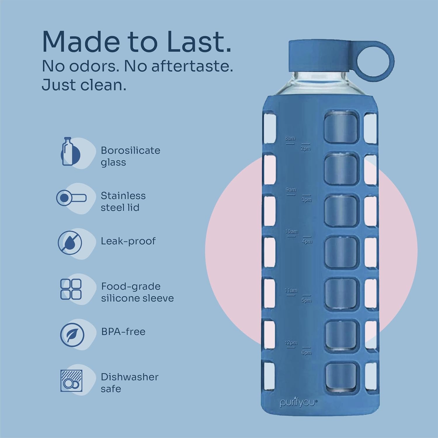 purifyou 40oz / 32oz / 22oz / 12oz Borosilicate Glass Water Bottle with Time & Volume Markers, Silicone Sleeve