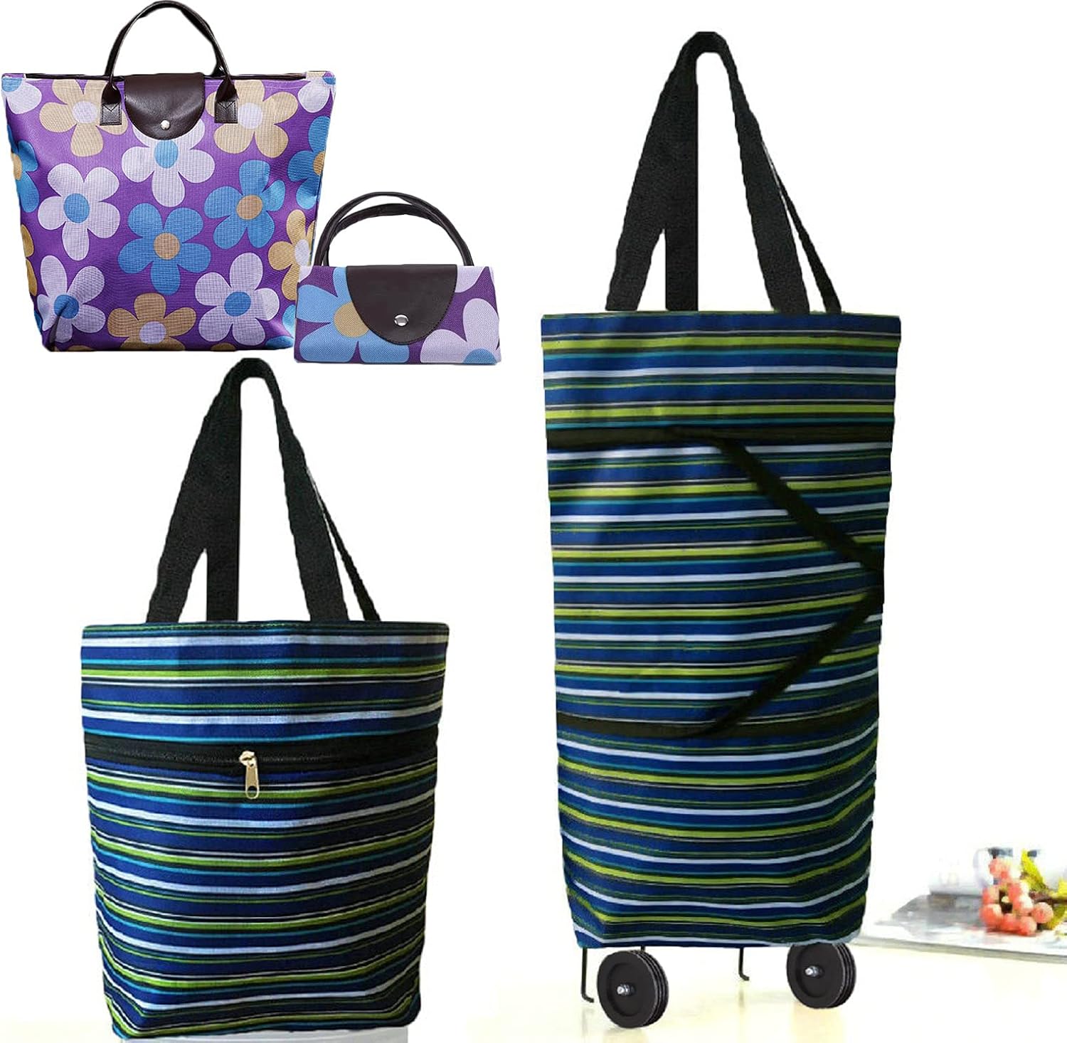 Collapsible Shopping Bag with Wheels Portable Shopping Cart with 360° Swivel Wheels Rolling Tote Bag Reusable Grocery Bag Trolley Bag on Wheels for Travel Shopping and Daily Use(Blue)