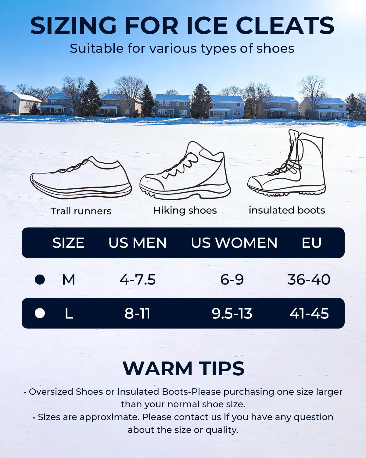 Sportneer Crampons： Ice Cleats for Shoes and Boots with 28 Spikes - Traction Slip-on Stretch Footwear for Walking and Shoveling on Ice and Snow - Lightweight for Women and Men