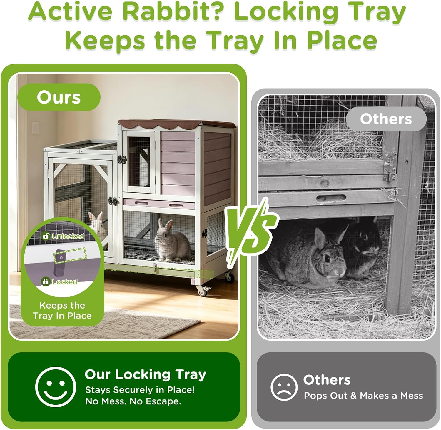 Indoor Rabbit Bunny Hutch Outdoor, Guinea Pig Cages with Removable Bottom Wire Netting - Easy Clean