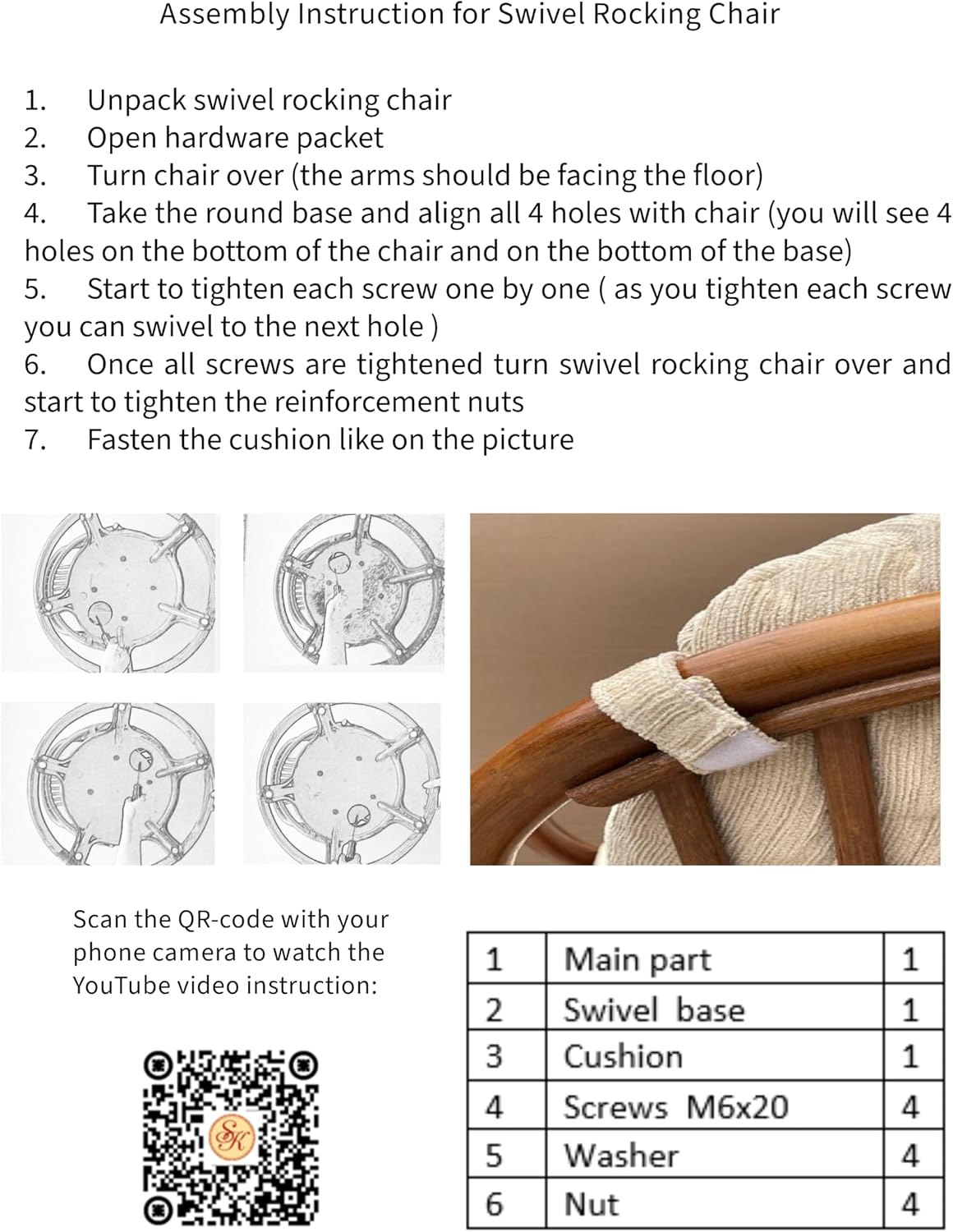 Lounge Swivel Rocking Java Chair Rattan Wicker Handmade with Cream Cushion, White Color