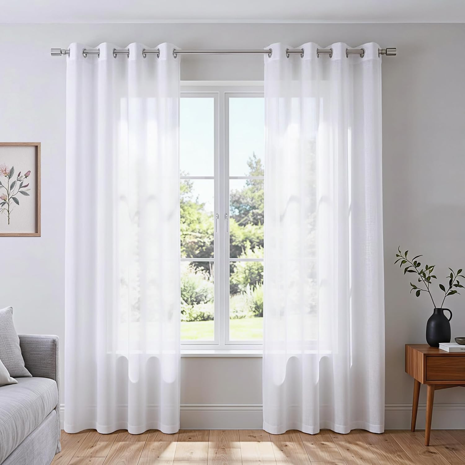 KOUFALL White Sheer Curtains 72 Inches Long for Bedroom Set of 2 Panels Grommet Faux Linen Window Voile Semi Baisc Decorative Sheer Curtains for