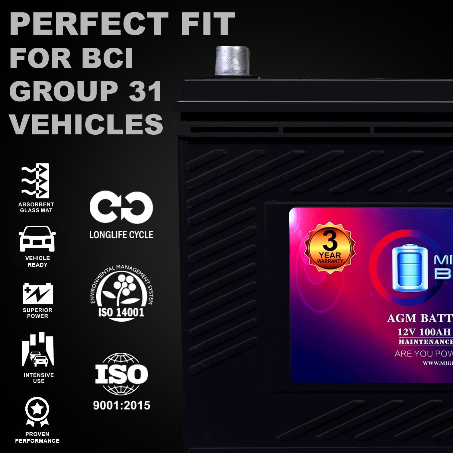 Mighty Max Battery MM-H8 Start and Stop Car BCI Group 49 12V 95Ah, 160RC, 900 CCA Rechargeable AGM Car Battery