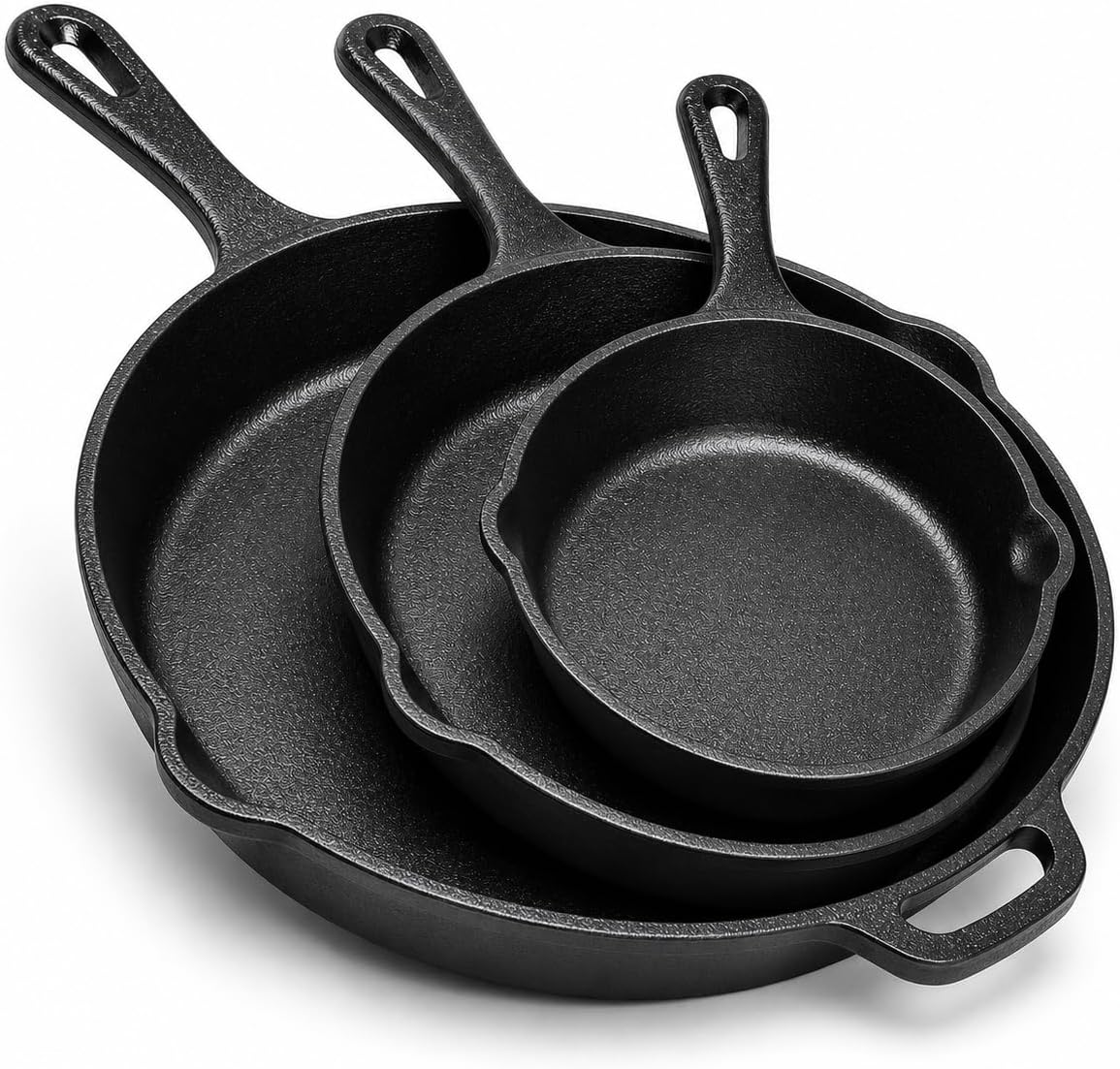 Cast Iron Skillet 3-Piece Set w/Cookbook - Heavy-Duty Professional Restaurant Chef Quality Pre-Seasoned Pan Cookware - 10", 8", 6.25" Pans - For Frying, Saute, Cooking, Pizza - Black