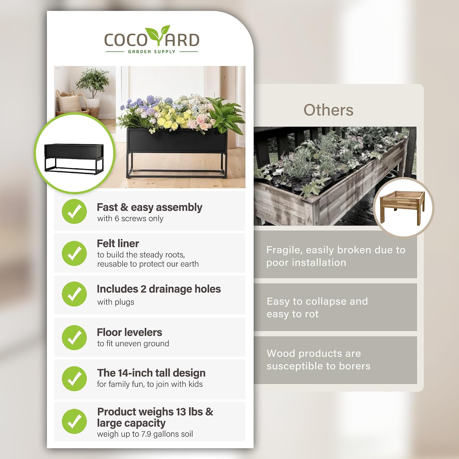 Cocoyard Metal Elevated Planter Box - 28" Raised Garden Bed with Legs for Indoor and Outdoor - Tall Rectangle Planter with Felt Liner