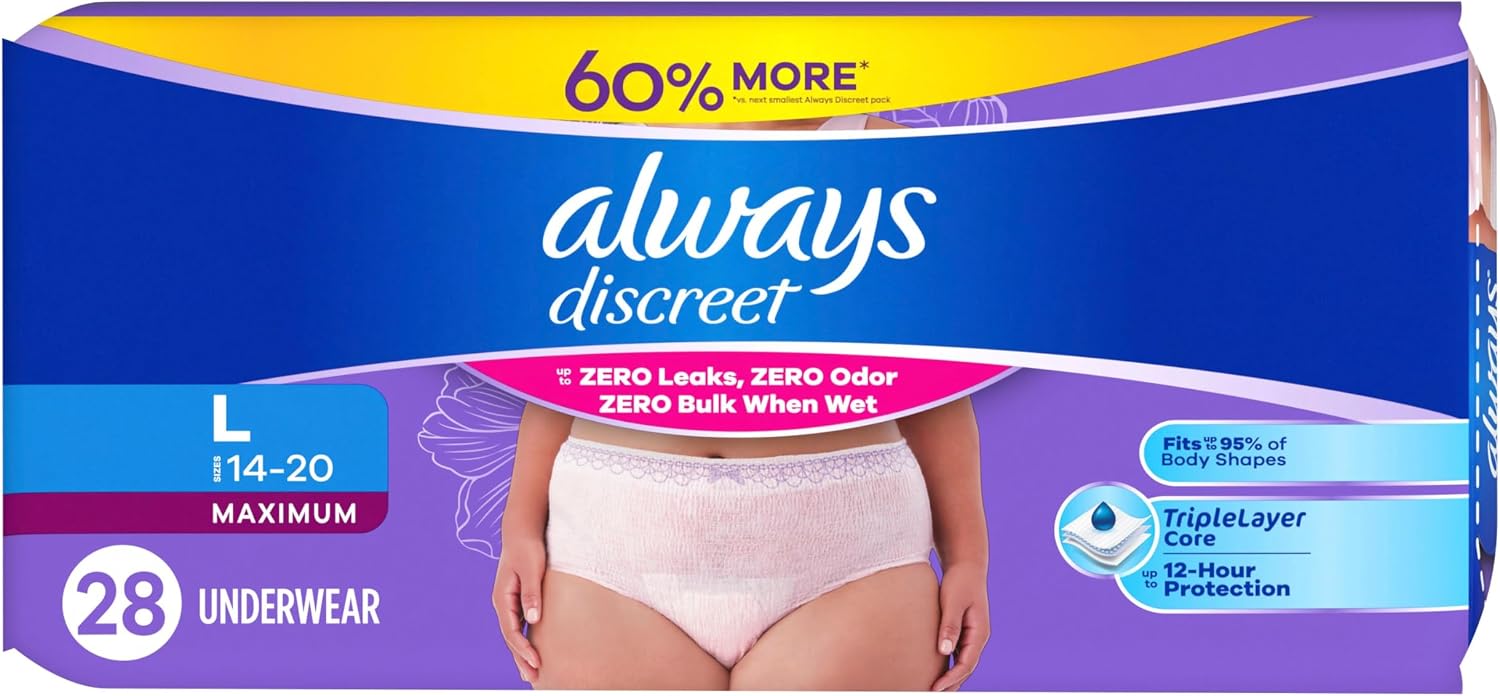 Always Discreet Adult Diapers for Women, Incontinence Underwear, Postpartum Essentials, Disposable Briefs, Max Absorbency, Bladder Leak Protection, Small/Medium, 32ct