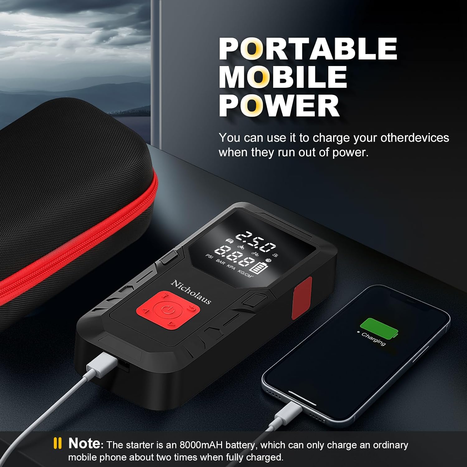 12 V Car 8000 mAh Battery Jump Starter 2800A with 150psI Air Compressor, Compact and Practical Edition QB08L Safe Smart