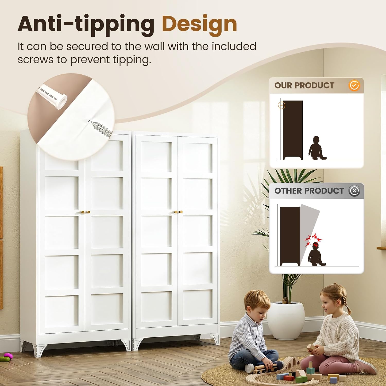 Metal Storage Cabinet with 2 Doors and 4 Adjustable Shelves - 61" White Kitchen Pantry Storage 5-Tier Tall Steel Cabinets Locker for Kitchen, Living Room, Dining Room