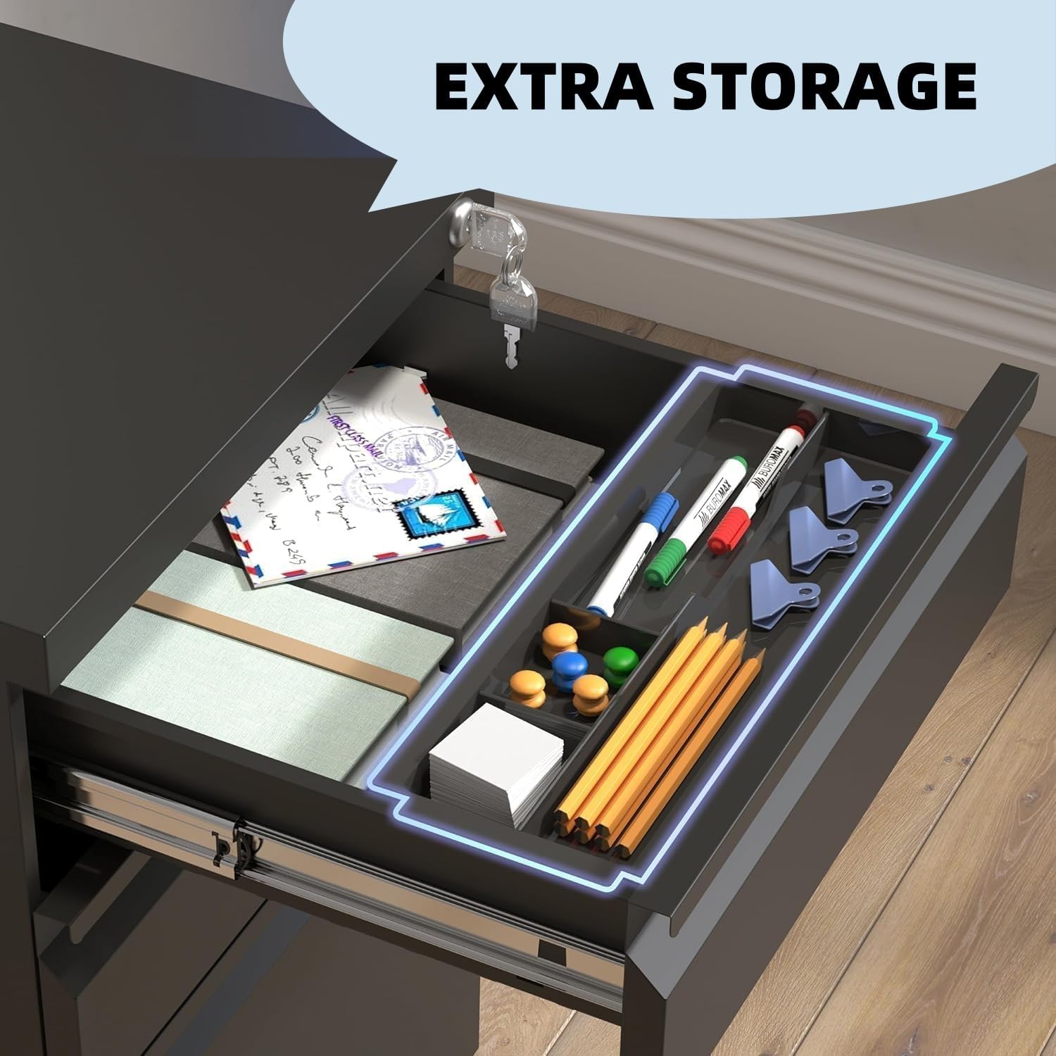 Guizeeopo 3 Drawer File Cabinet with Lock, File Cabinets for Home Office,Under Desk Cabinet, Locking File Cabinet for A4/Letter/Legal, Fully Assembled Expect Casters, Matte White