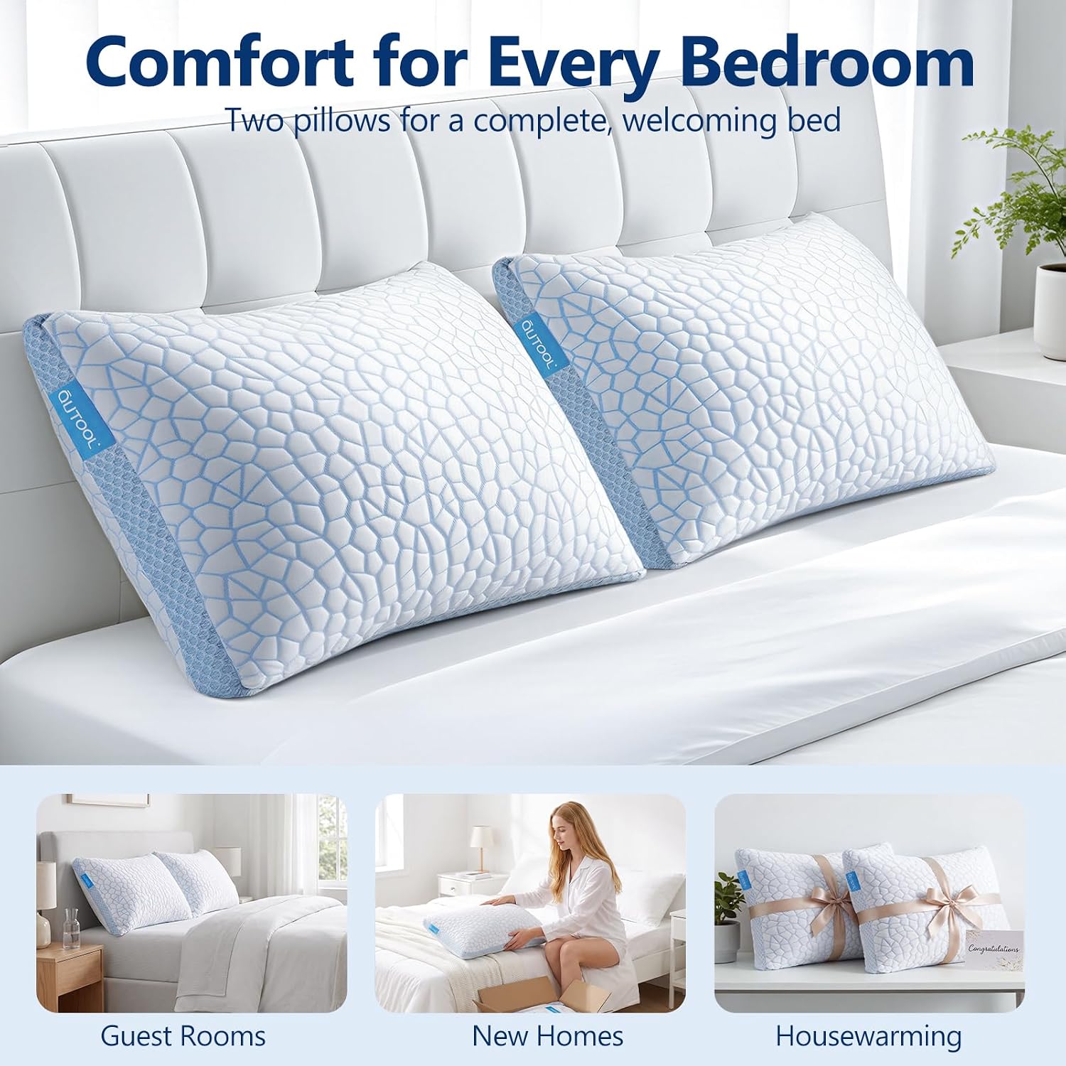 QUTOOL Cooling Pillow for Sleeping, CertiPUR-US Shredded Memory Foam Queen Pillows Set of 2, Cool Pillow for Hot Sleepers Adjustable Firm Pillow for Side, Back, Stomach Sleepers Soft Yet Support,White