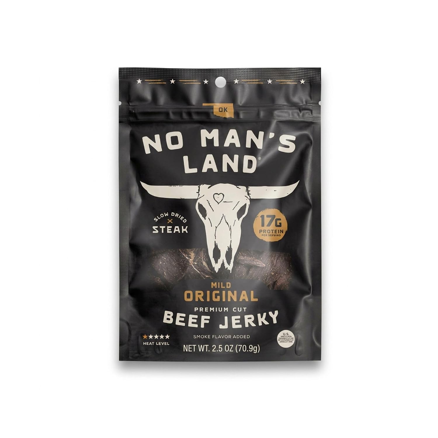 No Mans Land Slow-Dried Beef Jerky | Smoked & Seasoned Jerky Strips | High Protein, Low Carb Beef Snack | Gluten Free - MILD (16oz)