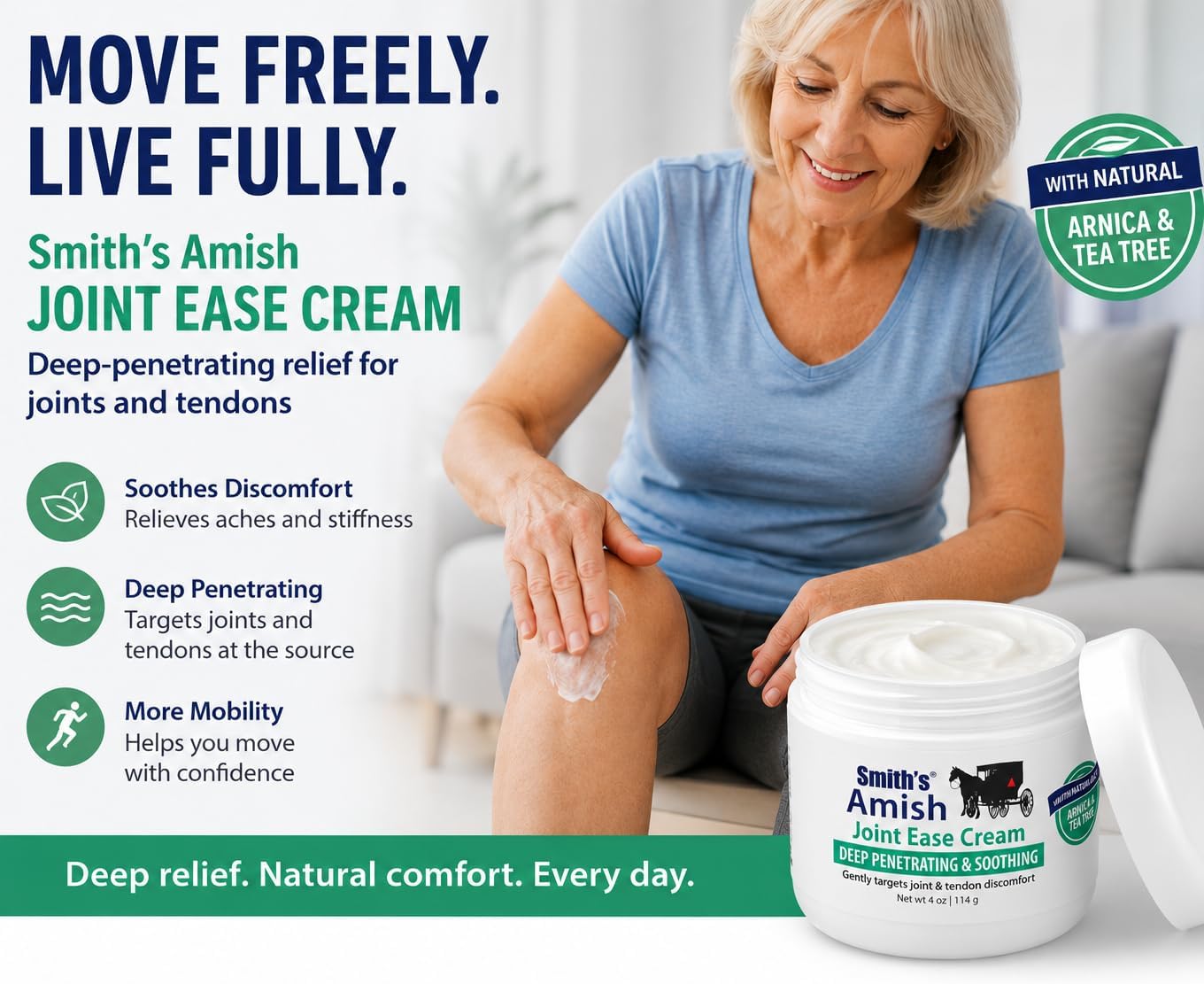Smith's Amish Joint Ease Cream - Soothing Cooling Formula - 4 oz Jar | For Joint Discomfort, Stiffness & Muscle Tension - Arnica, Peppermint