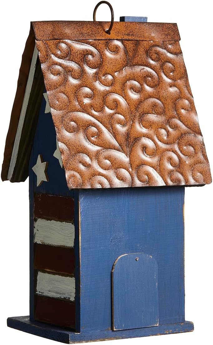 Glitzhome 12" H Green Hanging Distressed Solid Wood Garden Bird House Decorative Birdhouse