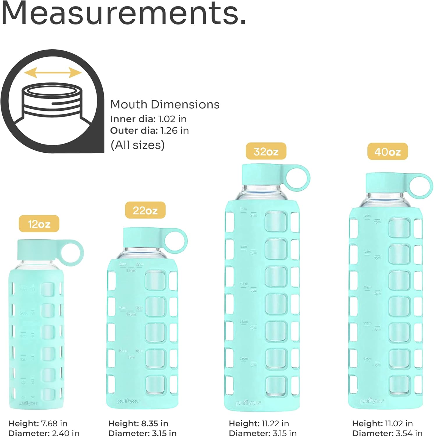 purifyou 40oz / 32oz / 22oz / 12oz Borosilicate Glass Water Bottle with Time & Volume Markers, Silicone Sleeve