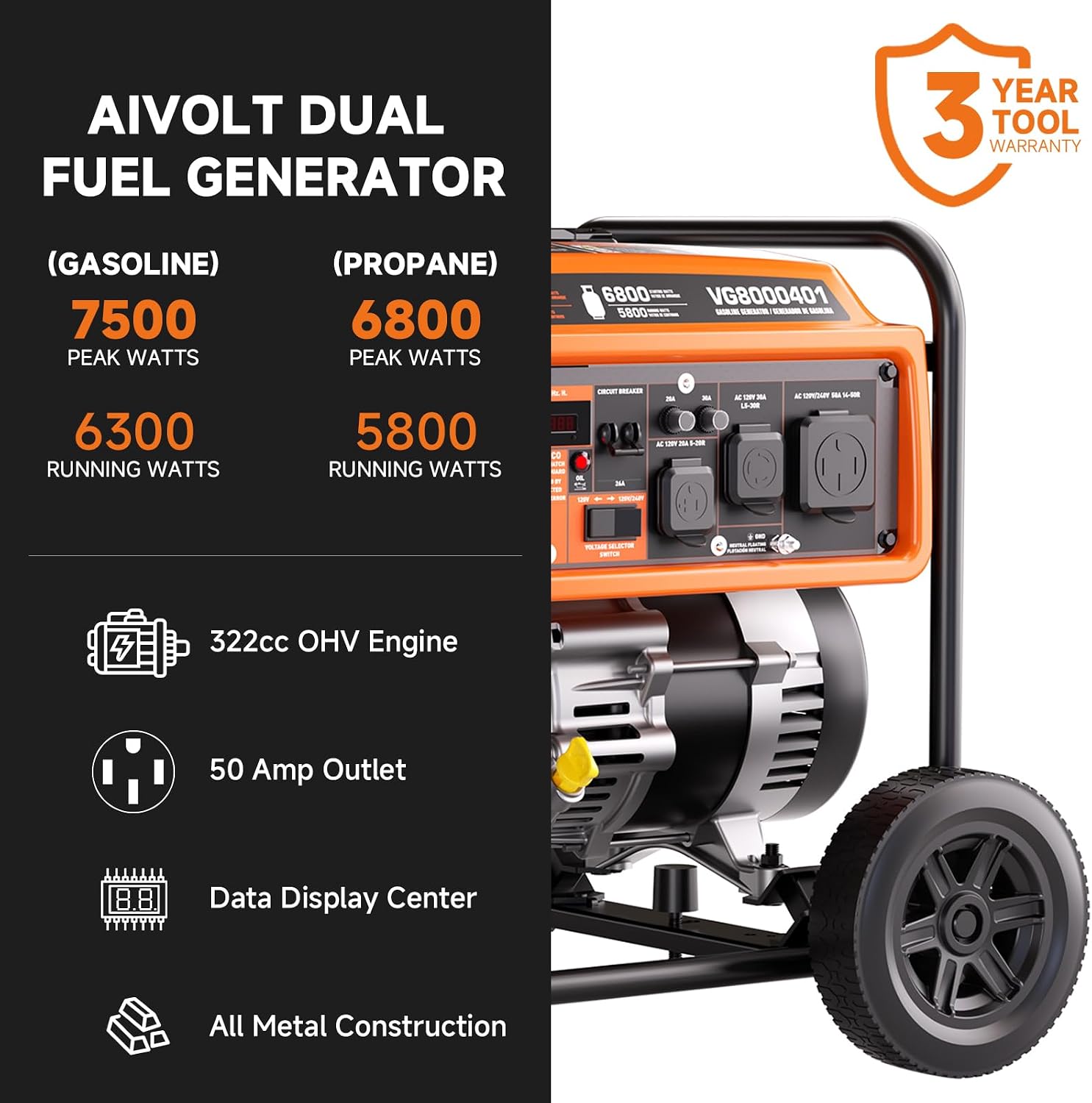 AIVOLT Generator 7500 Watt Dual Fuel Portable Generator with Wheels, Gas and Propane Powered, 50A RV Ready, CO Sensor, 4-Stroke OHV Air Cooled Engine
