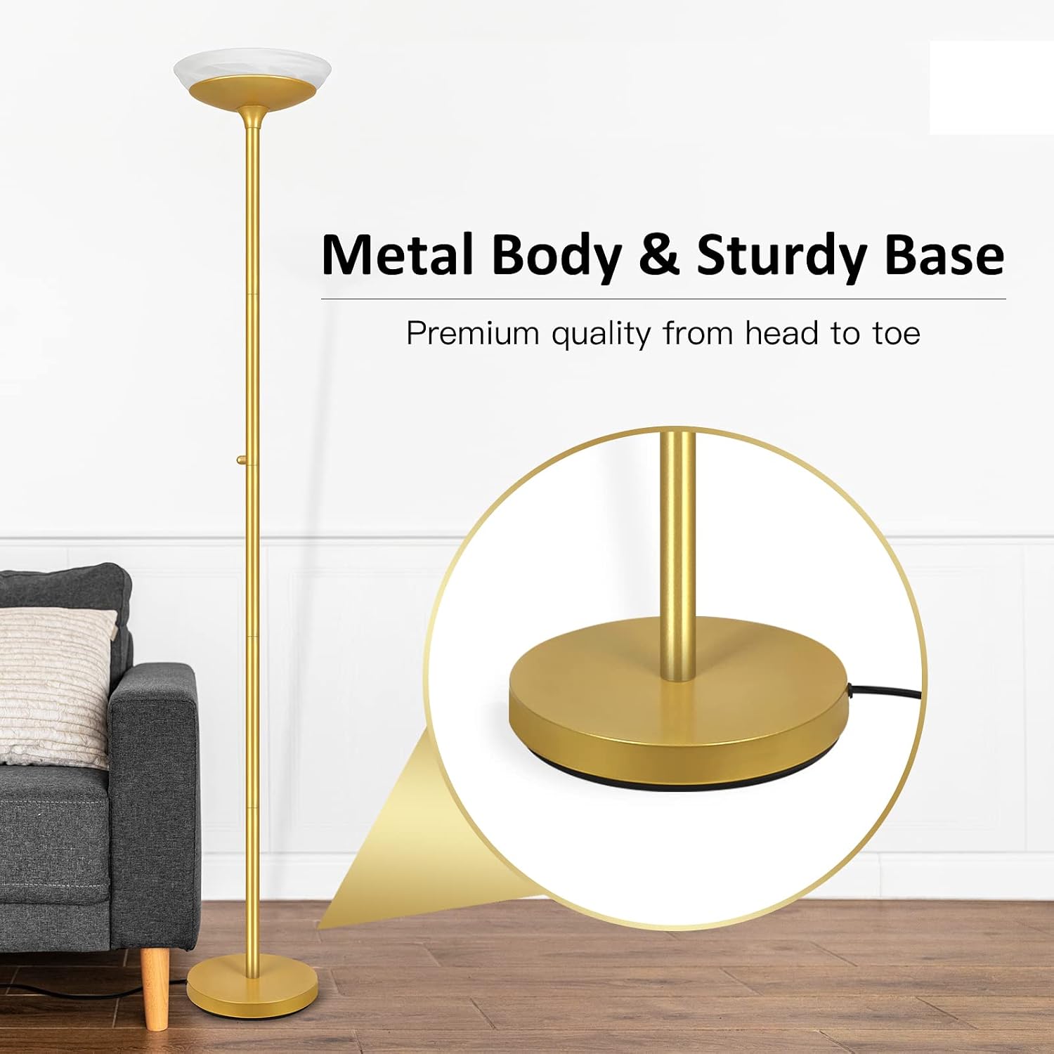 BoostArea Torchiere Floor Lamp, 30W Super Bright LED Standing Lamp, Stepless Dimmable Pole Lamp with 3000K Lighting, Rotary Switch