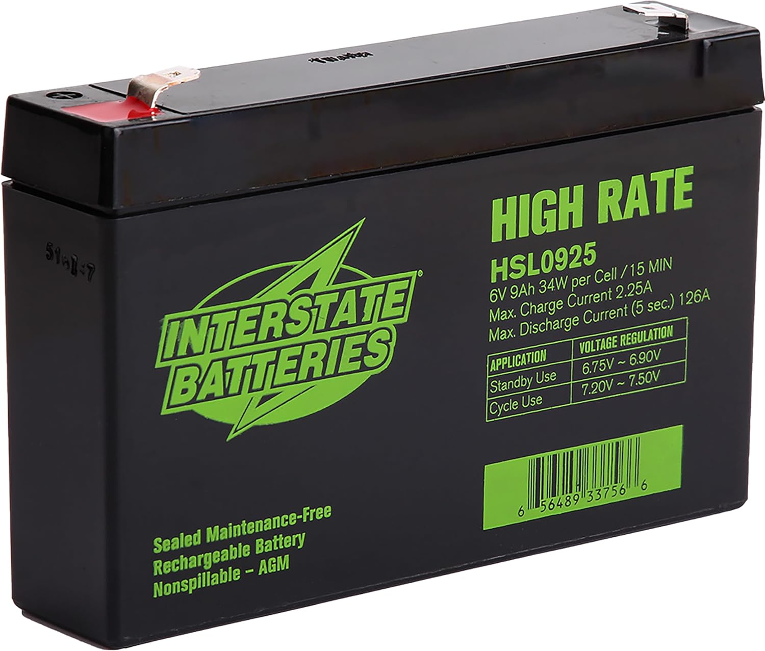 Interstate Batteries High Rate Battery 6V 9Ah SLA AGM VRLA HSL0925