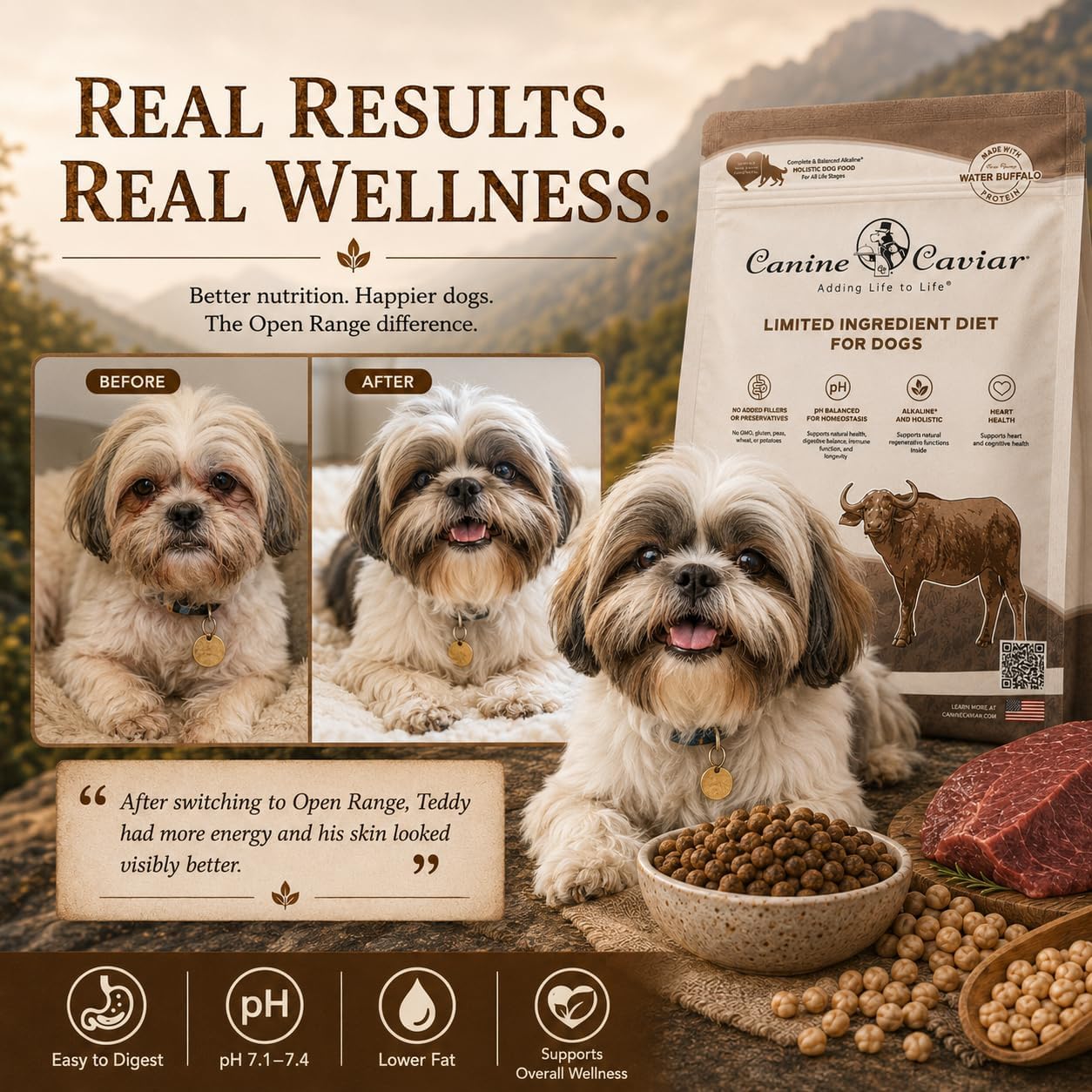 Canine Caviar - Open Range: Water Buffalo & Chickpea Alkaline Dry Dog Food, Limited Ingredients, Gluten-Free, Based on Science & Research, Veterinary Alternative Diet (22 Pound Bag)