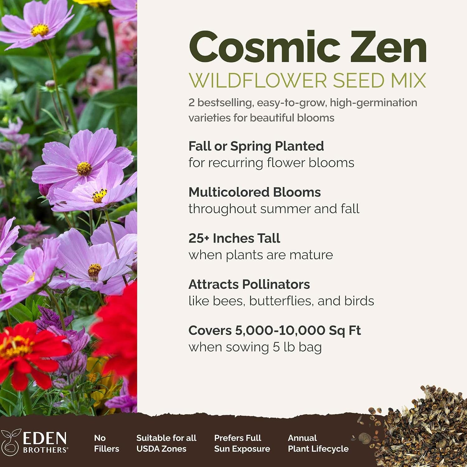 Eden Brothers All Perennial Wildflower Mixed Seeds for Planting, 1 lb, 480,000+ Seeds with Lupine, Shasta Daisy | Attracts Pollinators, Plant in Spring or Fall, Zones 3, 4, 5, 6, 7, 8, 9, 10