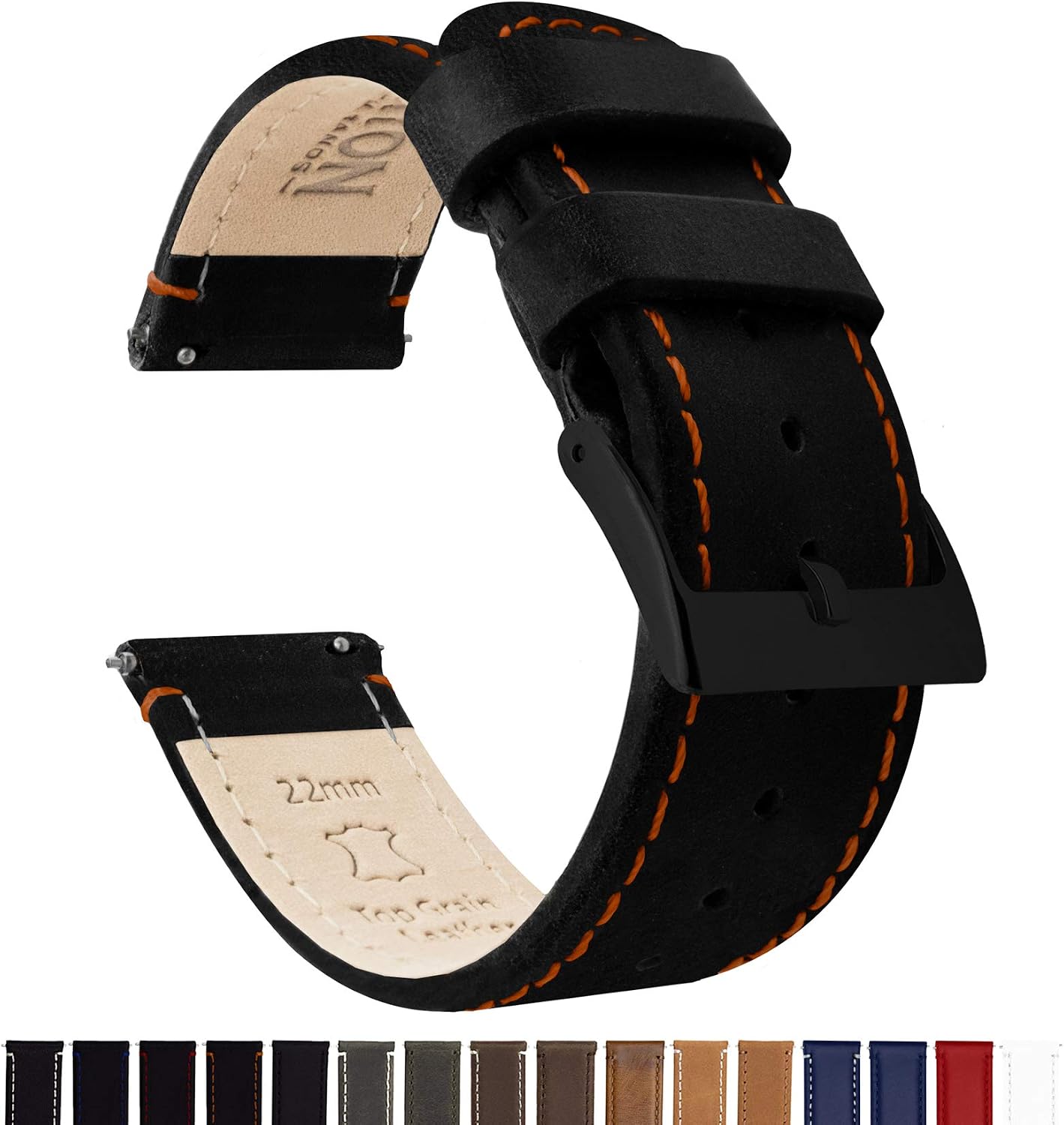 BARTON Quick Release Leather Black Buckle Watch Band Strap - Choose Color - 16mm, 18mm, 20mm, 22mm or 24mm - Black/Orange Stitching 22mm
