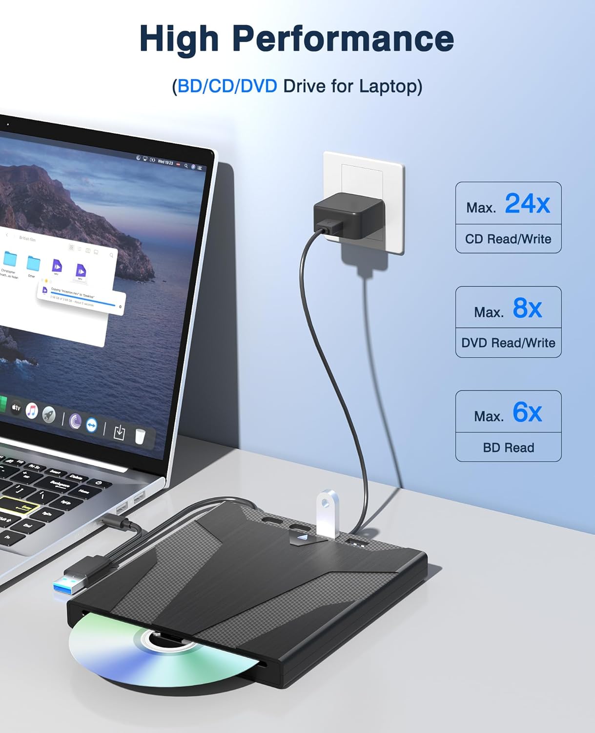 8-in-1 External Blu-ray Drive, BD Reader DVD CD Burner for Mac PC | Black 5Gbps USB3.0 Type-C, SD TF Reader, 8-in-1 BD Optical Drive