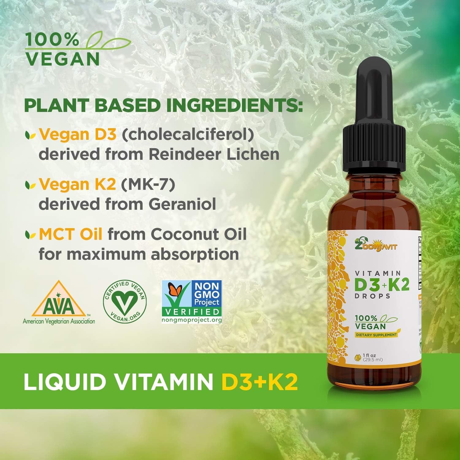 Vegan Liquid Drops Vitamin D3 K2 (MK7) - 100% Plant Based Liquid Vitamin D Enhanced with Coconut Oil for Max Absorption - 1 Serving = 1000 IU VIT D3