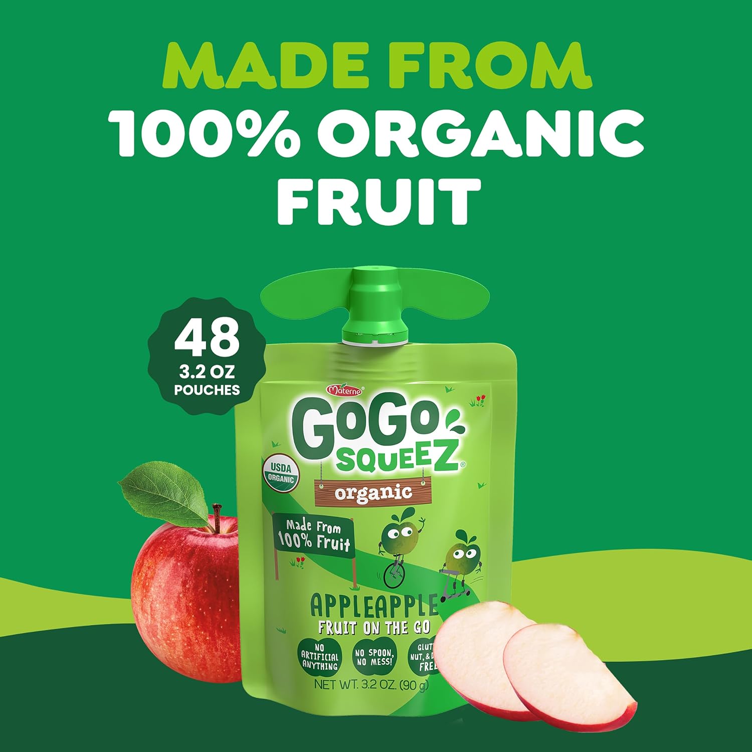 GoGo squeeZ No Sugar Added Organic Applesauce, Apple Apple, 48 Count | Kids on the go fruit snack made with applesauce & fruit puree; 3.2 oz pouches, gluten and nut free, recloseable cap, BPA-free