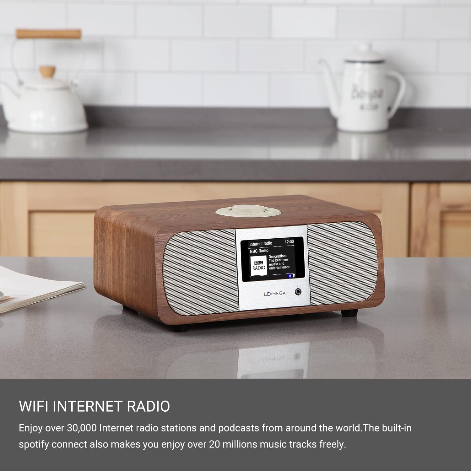 LEMEGA M3+ Internet Radio, Podcasts,Spotify, Bluetooth, FM Stereo, Walnut | Full colour display, 40 presets, remote control, acoustic wooden cabinet, headphone jack, USB, AUX-in, dual alarms clock