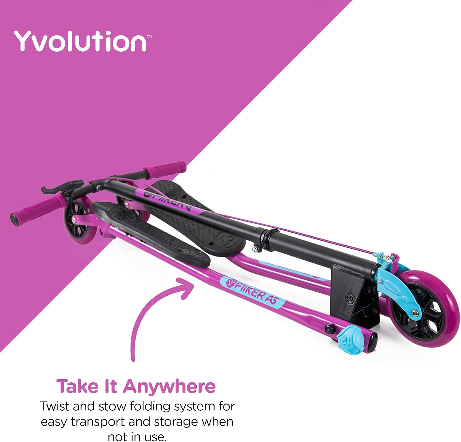 Yvolution Fliker A3 Drift Scooter, 3 Wheels Kids Wiggle Scooter, Foldable, Handbrake, Caster Wheels, for Boys and Girls Aged 7+ Years Old