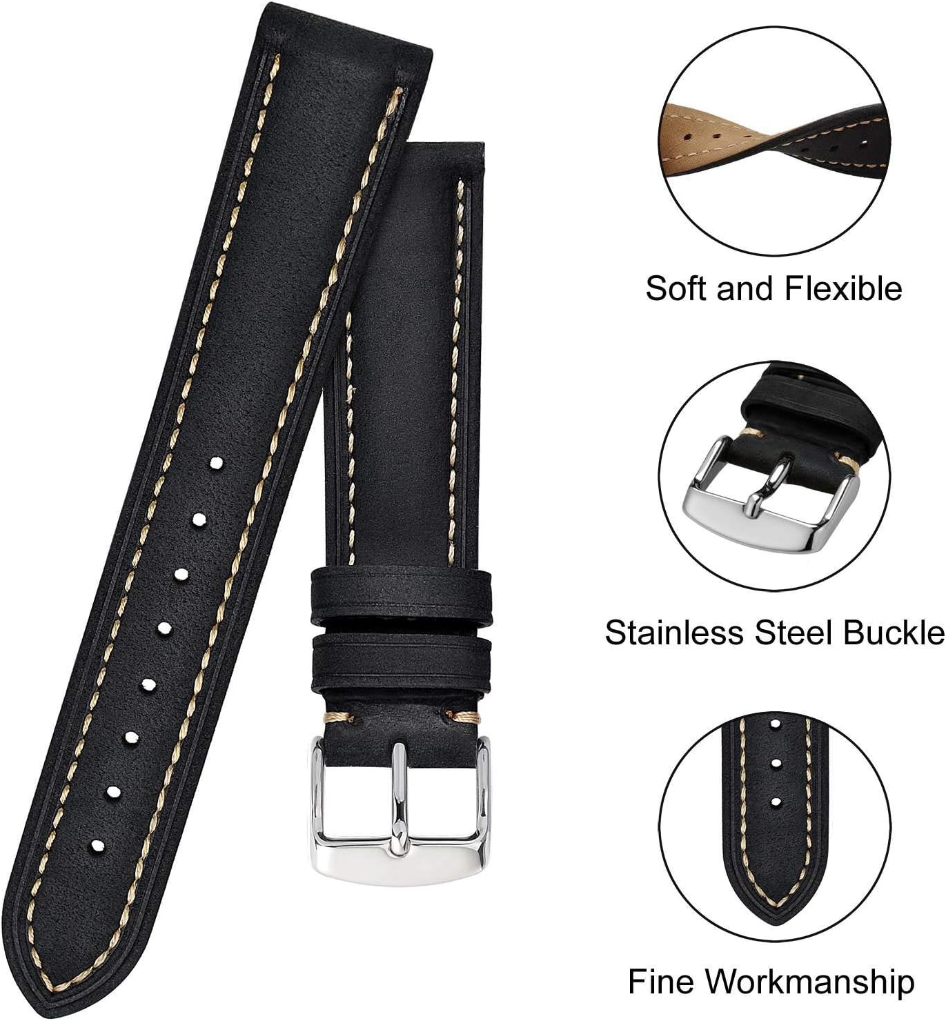 BISONSTRAP Watch Strap, Vintage Leather Replacement Bracelet, Band Width-14mm 15mm 16mm 17mm 18mm 19mm 20mm 21mm 22mm 23mm 24mm
