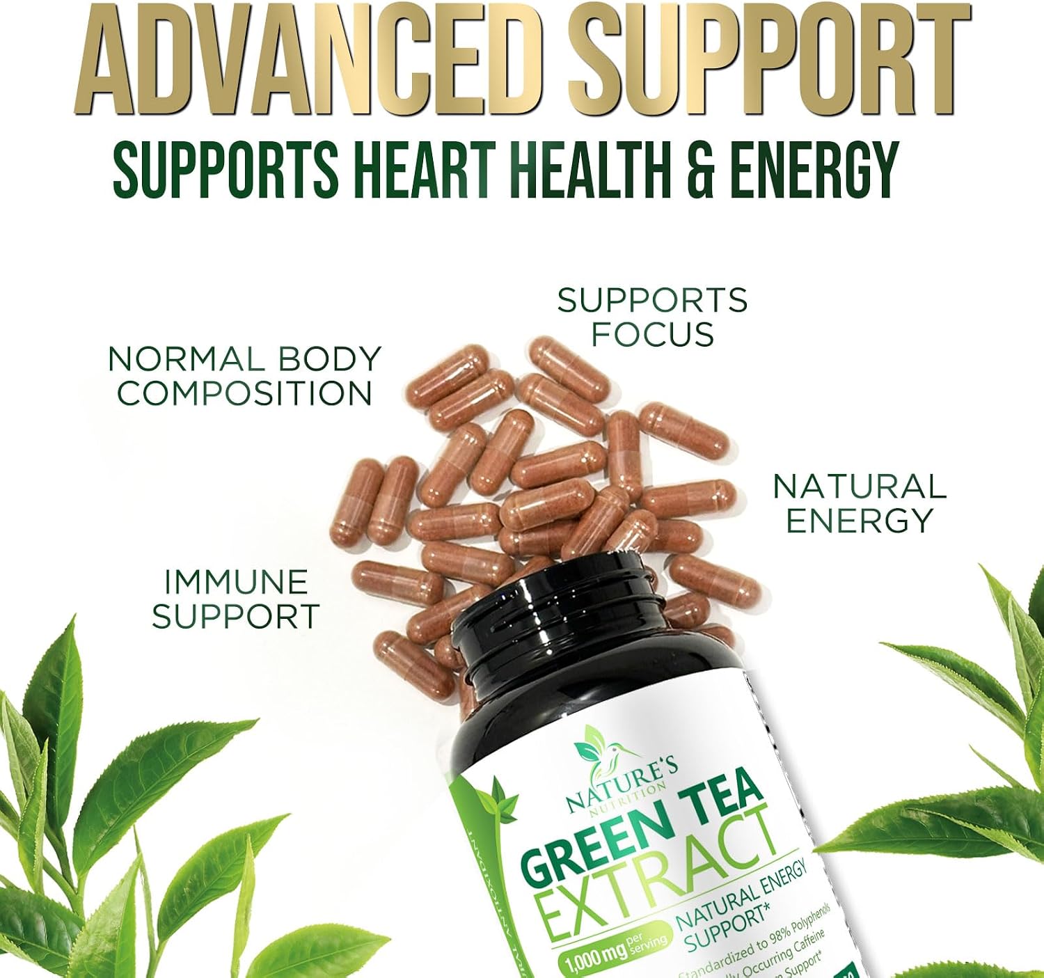 Green Tea Extract Capsules - 3X Strength Green Tea Extract 1000 mg Per Serving Pills with 45% EGCG & 98% Polyphenols for Natural Energy - Antioxidant Herbal Heart Support Supplement - 240 Capsules