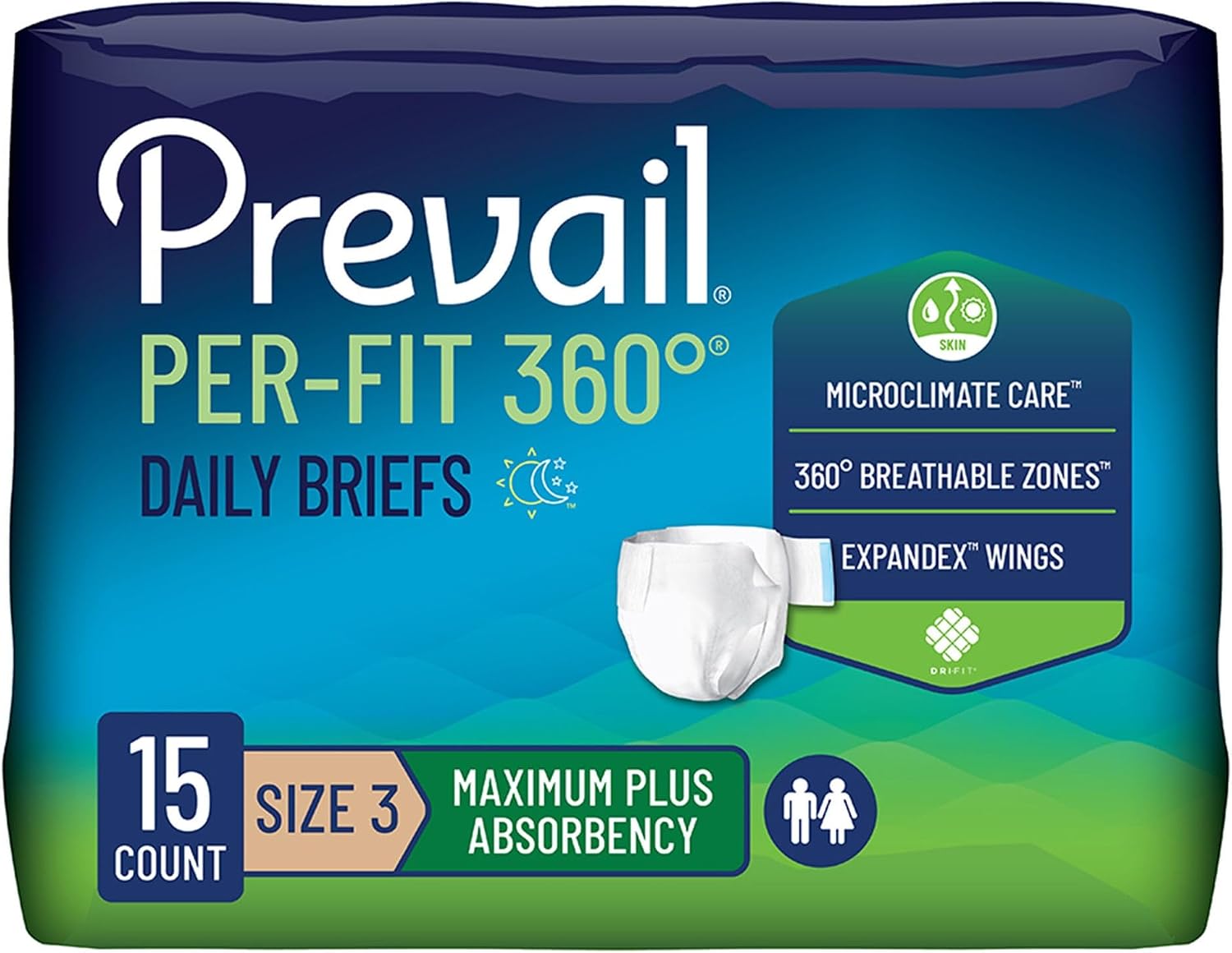 Prevail Per-Fit 360 Incontinence Briefs, Maximum Plus Absorbency, Size Three, 60 Count
