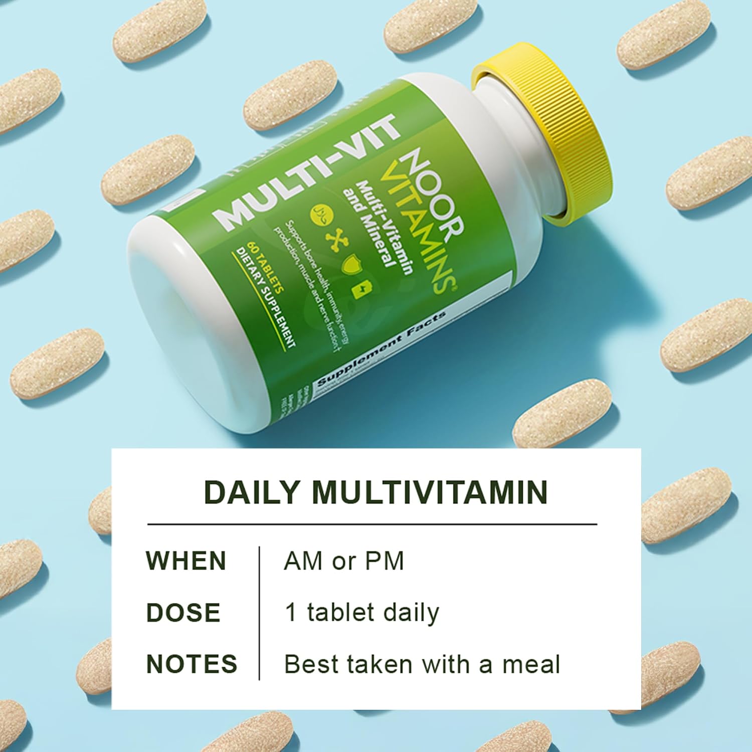 Noor Vitamins Halal Vitamins, Daily Multivitamin, Halal Vitamin for Women and Men, 30 Vitamins & Minerals, A, B12, C, Iron