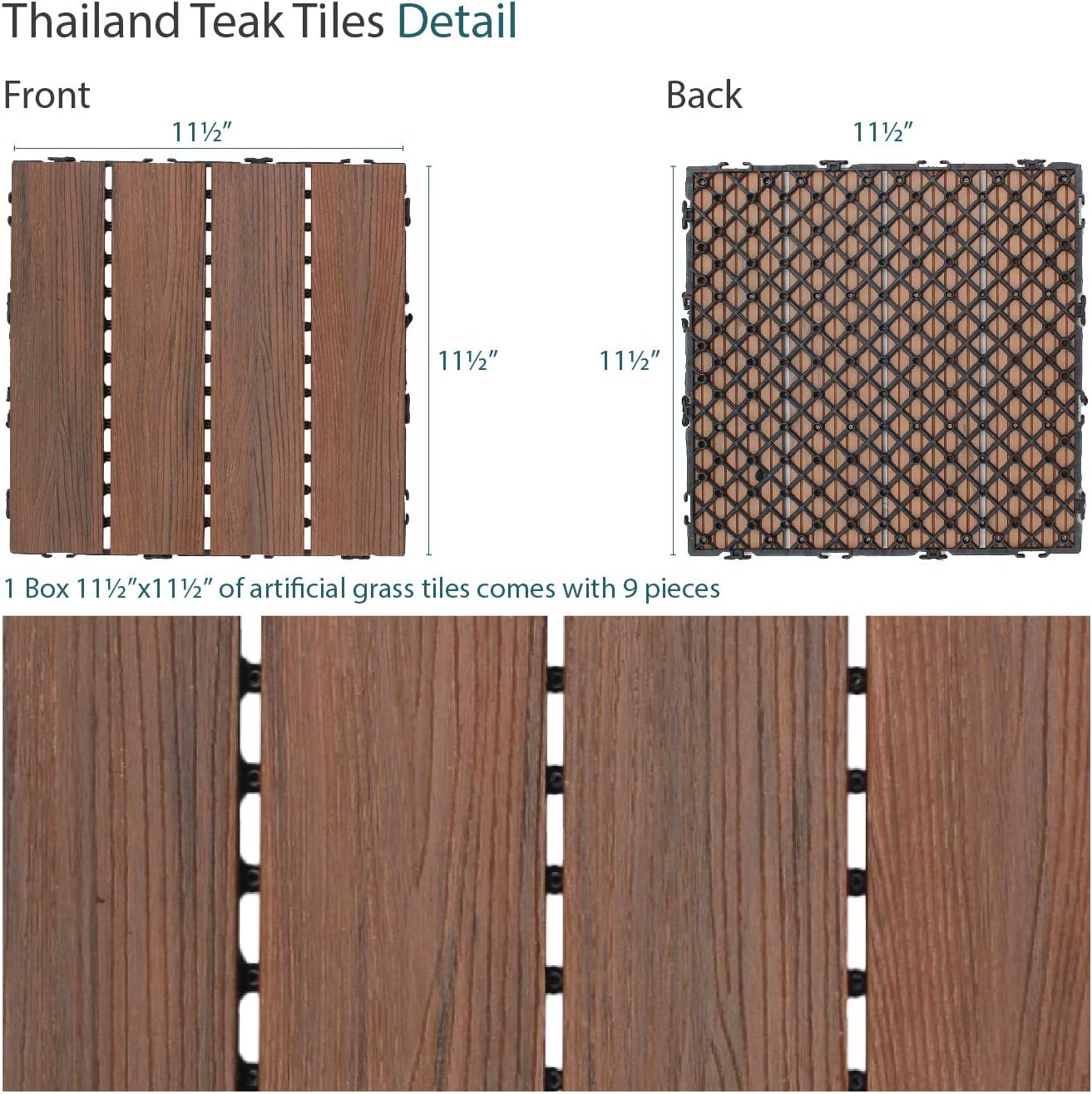 ECOOPTS 12"x12" Interlocking Deck Tiles Patio Floor Tiles Outdoor Flooring Wood Deck Tiles for Porch Balcony Backyard, 9 Slat x 15 Boxes, Brown