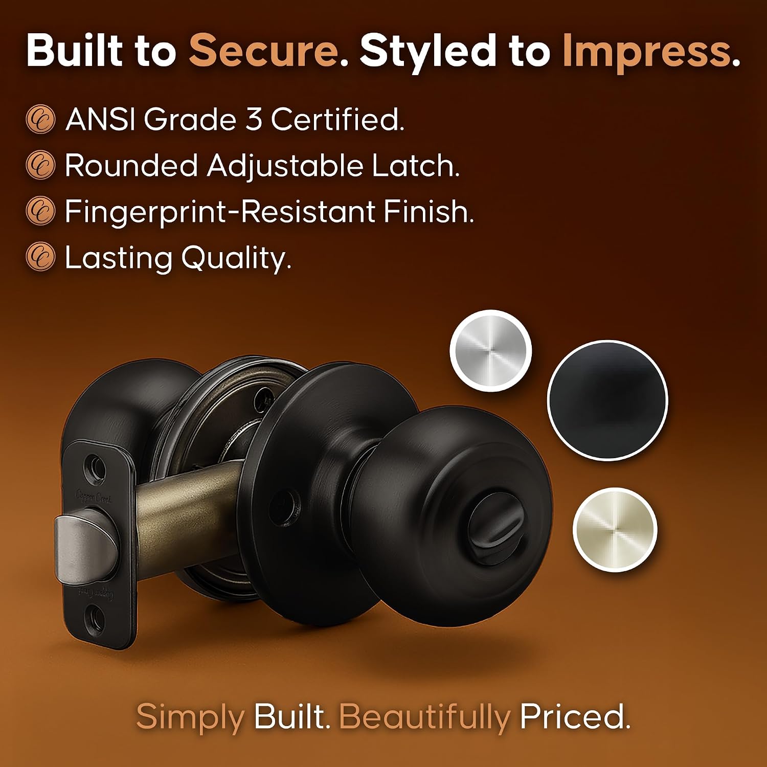 Copper Creek Privacy Interior Door Knob – ANSI Grade-3 Certified, Modern Heavy Duty Handle, Easy Install and Reversible for Bedroom, Bathroom & Closets – Satin Stainless (1 Pack)