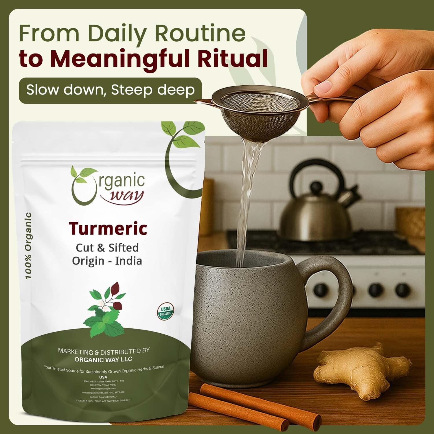 Organic Way Turmeric/Haldi Root Cut & Sifted - Herbal Tea (16 Ounce)