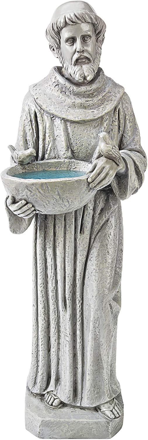 Design Toscano Francis of Assisi Blessing Religious Garden Decor Statue with Bird Bath Feeder, 19 inches Tall, Cast Stone Resin, Gray Stone Finish